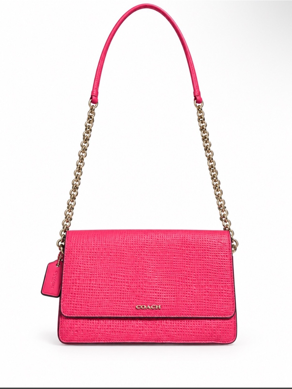 Coach Hot Pink Textured Leather Chain Shoulder Crossbody Bag Gold Hardware